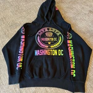 Woman’s small “Live Love” Washington DC hoodie. Black with rainbow print.